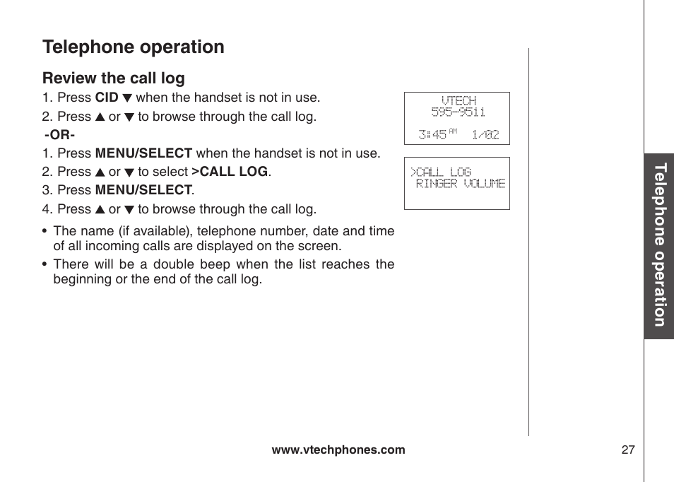 Telephone operation, Te le ph on e o pe ra tio n, Review the call log | VTech LS6126-5 User Manual | Page 30 / 73