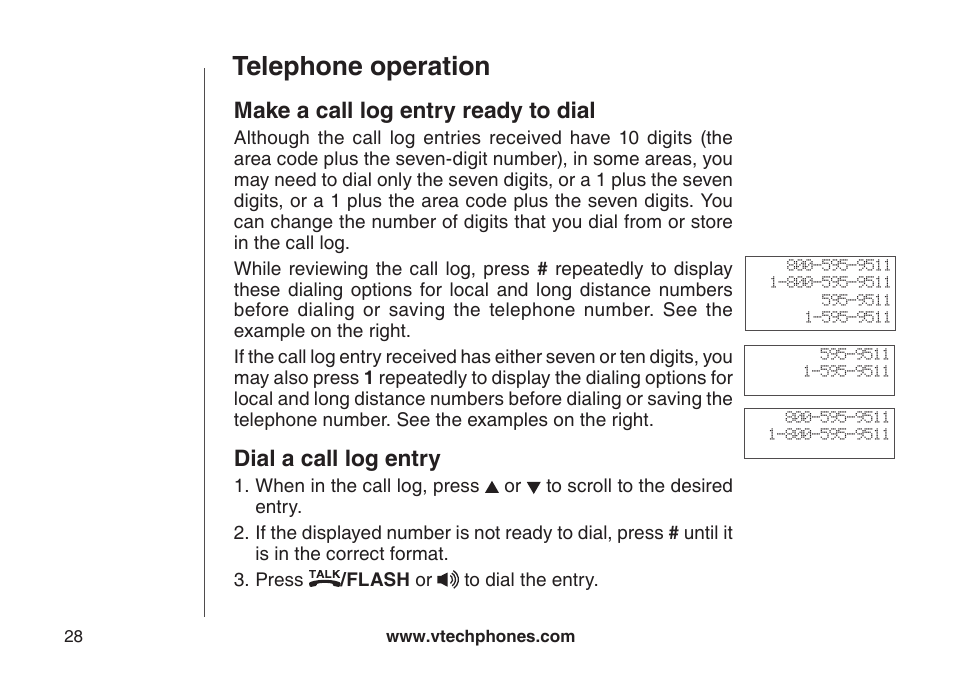 Telephone operation, Make a call log entry ready to dial, Dial a call log entry | VTech LS6126-5 User Manual | Page 31 / 73