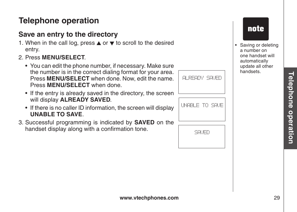 Telephone operation, Te le ph on e o pe ra tio n, Save an entry to the directory | VTech LS6126-5 User Manual | Page 32 / 73