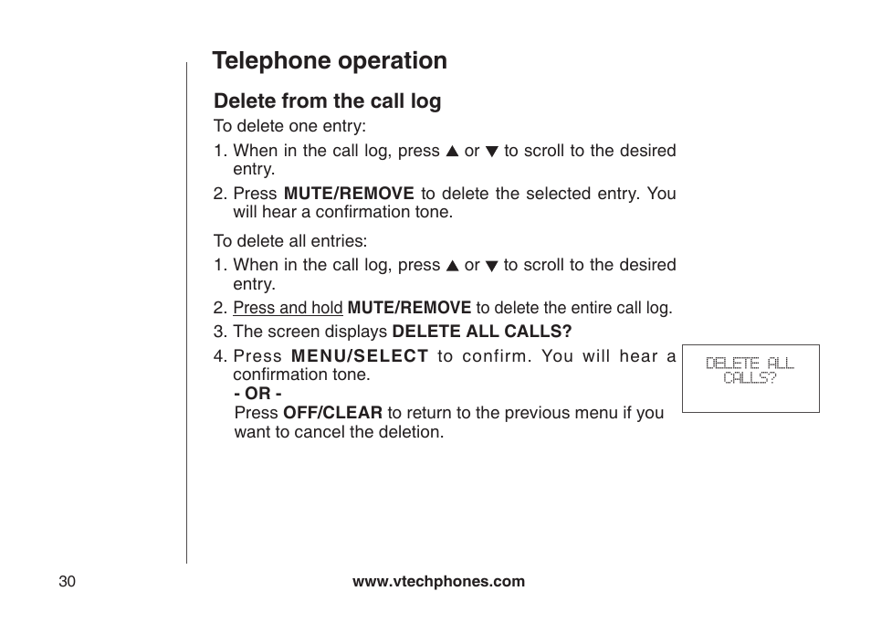 Telephone operation, Delete from the call log | VTech LS6126-5 User Manual | Page 33 / 73