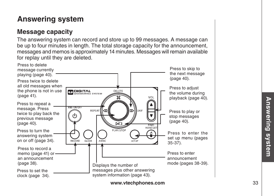 Answering system, Ans w er in g s ys te m message capacity | VTech LS6126-5 User Manual | Page 36 / 73