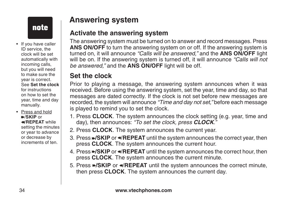 Answering system, Activate the answering system, Set the clock | VTech LS6126-5 User Manual | Page 37 / 73