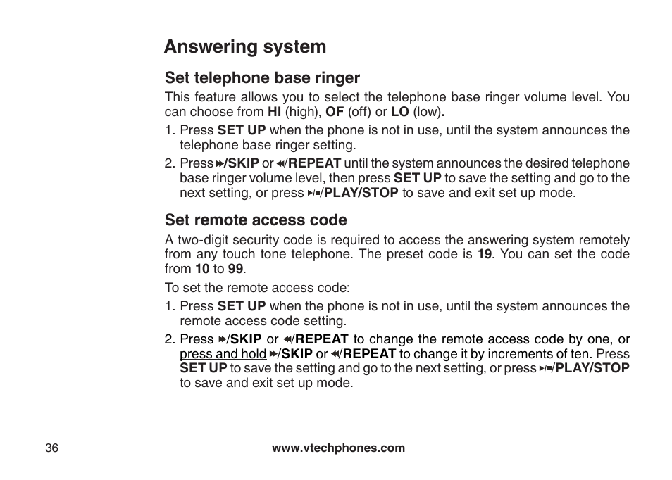 Answering system, Set telephone base ringer, Set remote access code | VTech LS6126-5 User Manual | Page 39 / 73