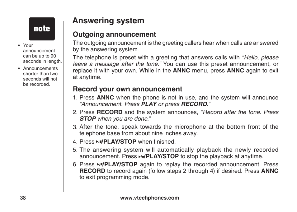 Answering system, Outgoing announcement, Record your own announcement | VTech LS6126-5 User Manual | Page 41 / 73