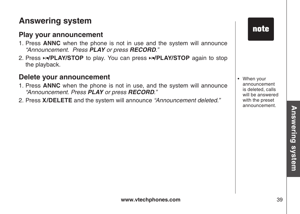 Answering system | VTech LS6126-5 User Manual | Page 42 / 73