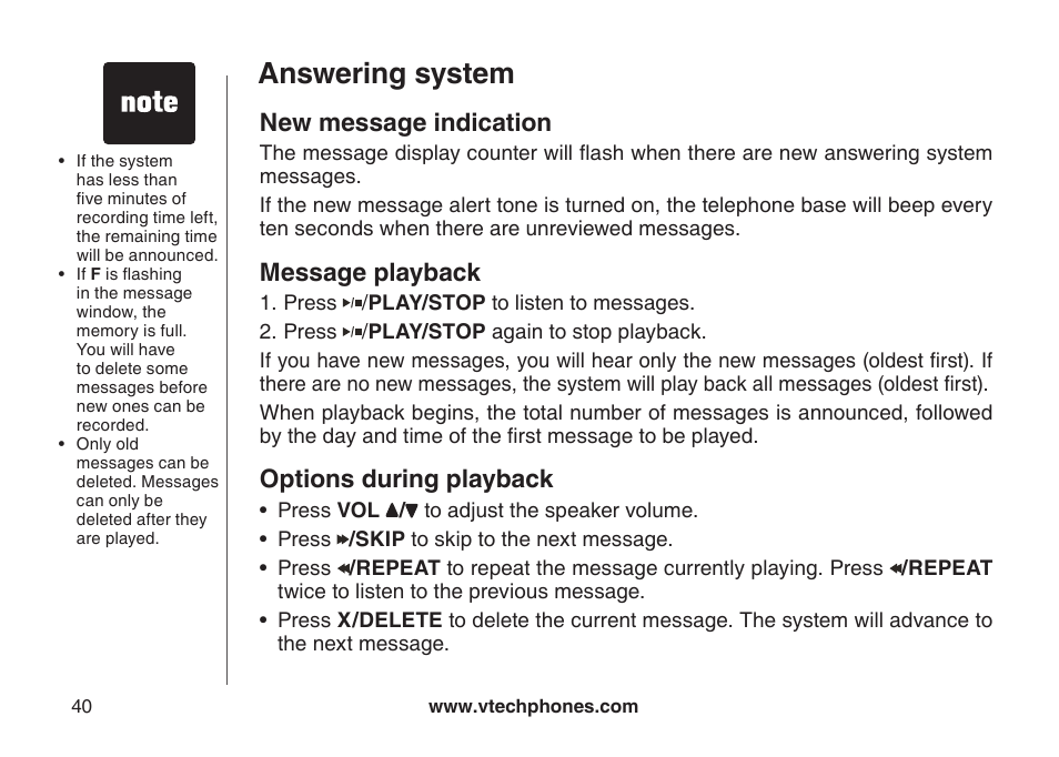 Answering system, New message indication, Message playback | Options during playback | VTech LS6126-5 User Manual | Page 43 / 73