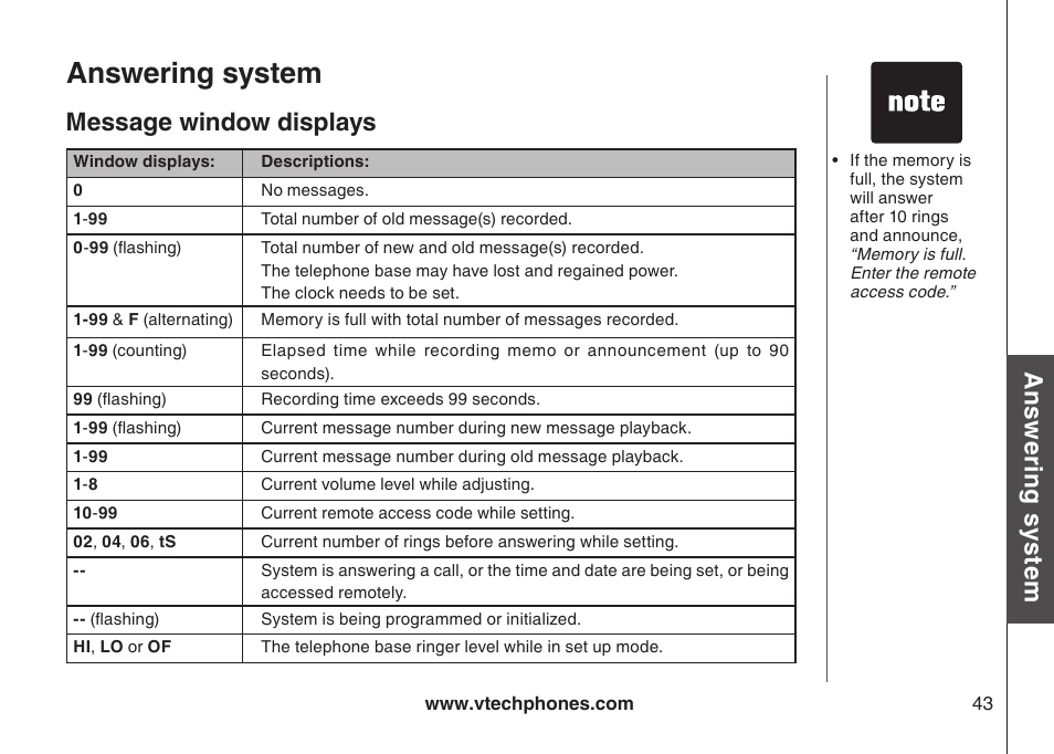 Answering system, Ans w er in g s ys te m, Message window displays | VTech LS6126-5 User Manual | Page 46 / 73
