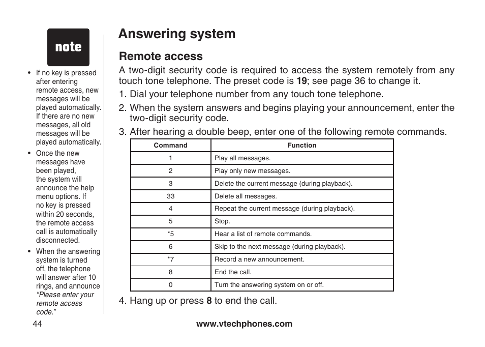 Answering system, Remote access | VTech LS6126-5 User Manual | Page 47 / 73