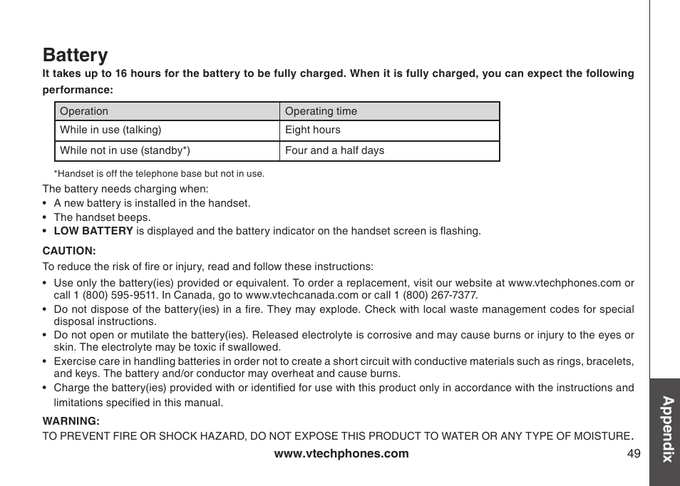 Battery, Appendix | VTech LS6126-5 User Manual | Page 52 / 73