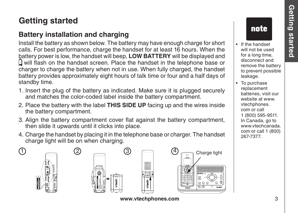 Getting started, Gett in g s ta rte d, Battery installation and charging | VTech LS6126-5 User Manual | Page 6 / 73