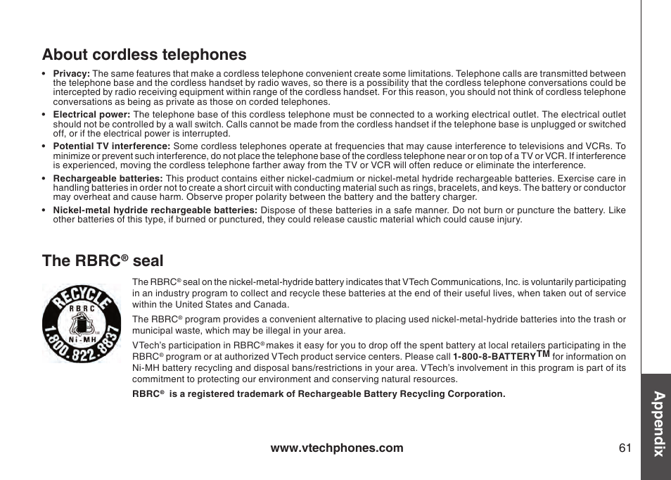 About cordless telephones, The rbrc, Seal | Appendix | VTech LS6126-5 User Manual | Page 64 / 73