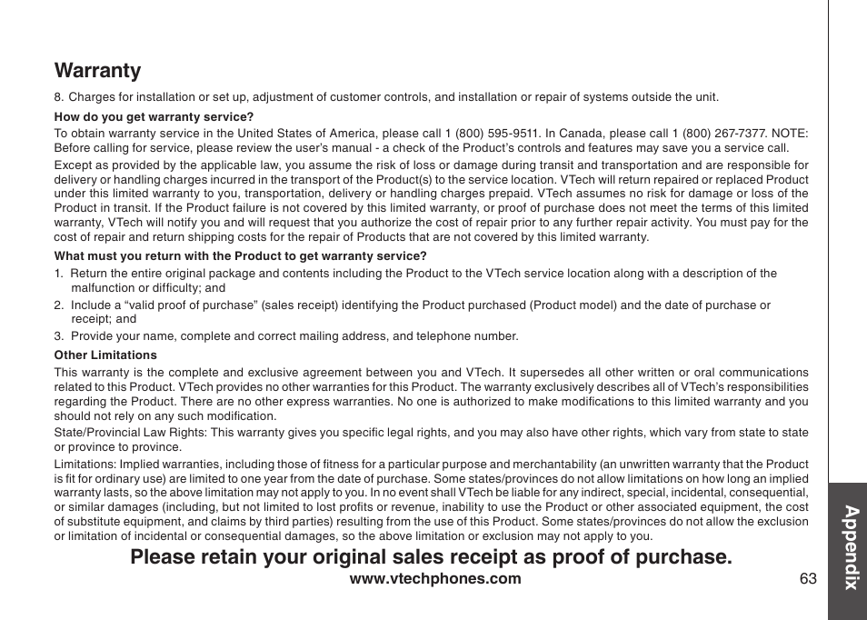 Appendix | VTech LS6126-5 User Manual | Page 66 / 73