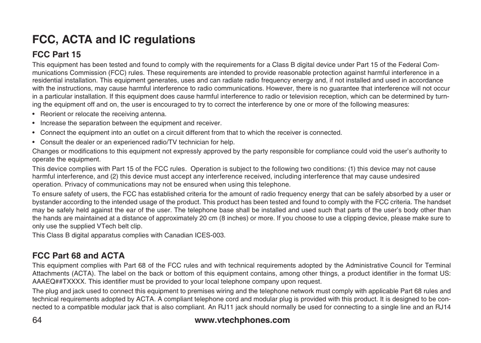 Fcc, acta and ic regulations | VTech LS6126-5 User Manual | Page 67 / 73