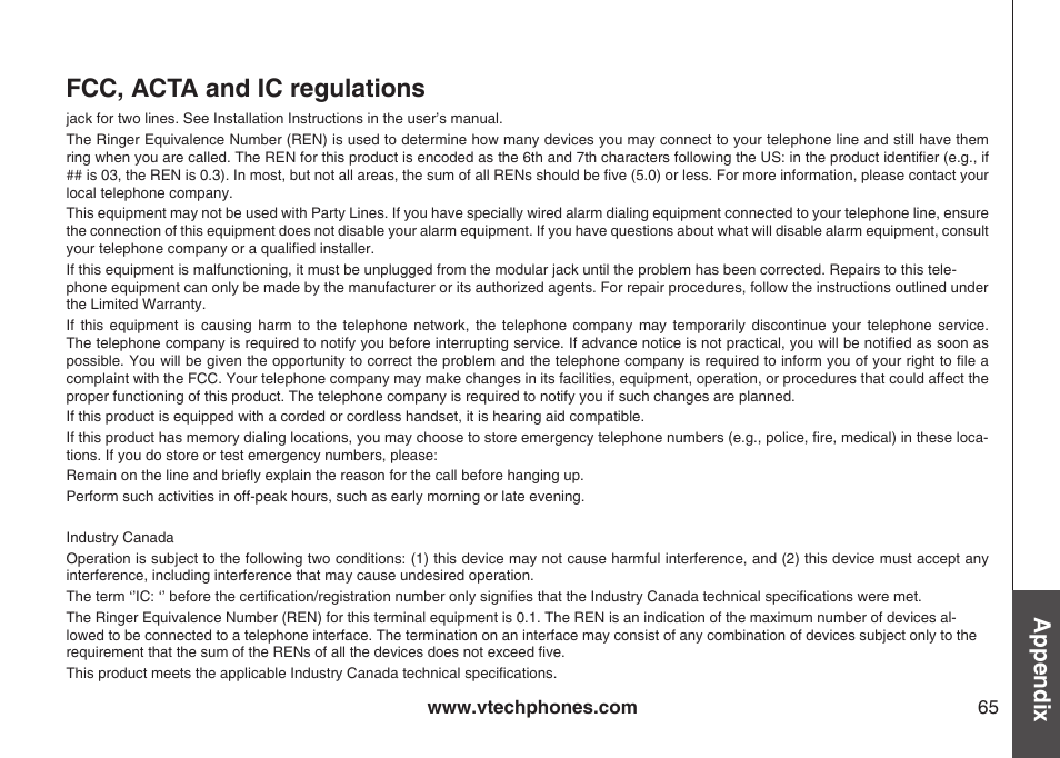 Fcc, acta and ic regulations, Appendix | VTech LS6126-5 User Manual | Page 68 / 73
