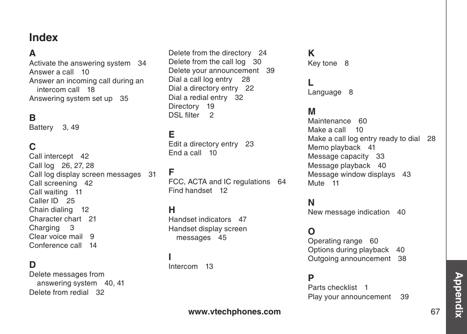 Index, Appendix | VTech LS6126-5 User Manual | Page 70 / 73