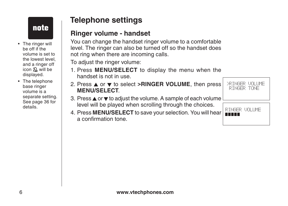 Telephone settings, Ringer volume - handset | VTech LS6126-5 User Manual | Page 9 / 73