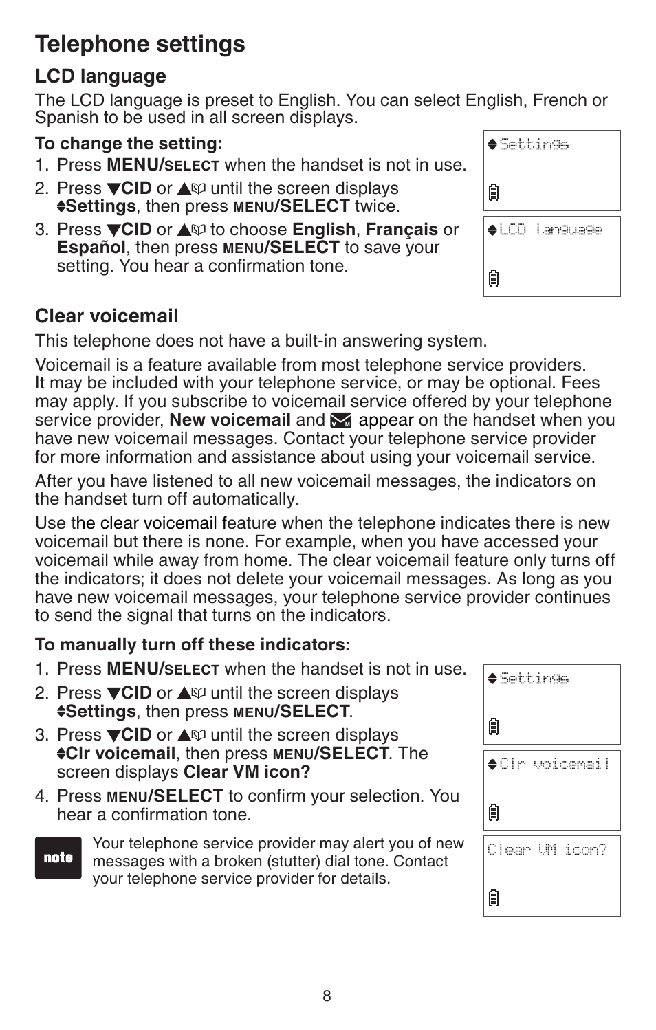 Lcd language, Clear voicemail, Lcd language clear voicemail | Telephone settings | VTech DECT 6.0 CS6114 User Manual | Page 11 / 43