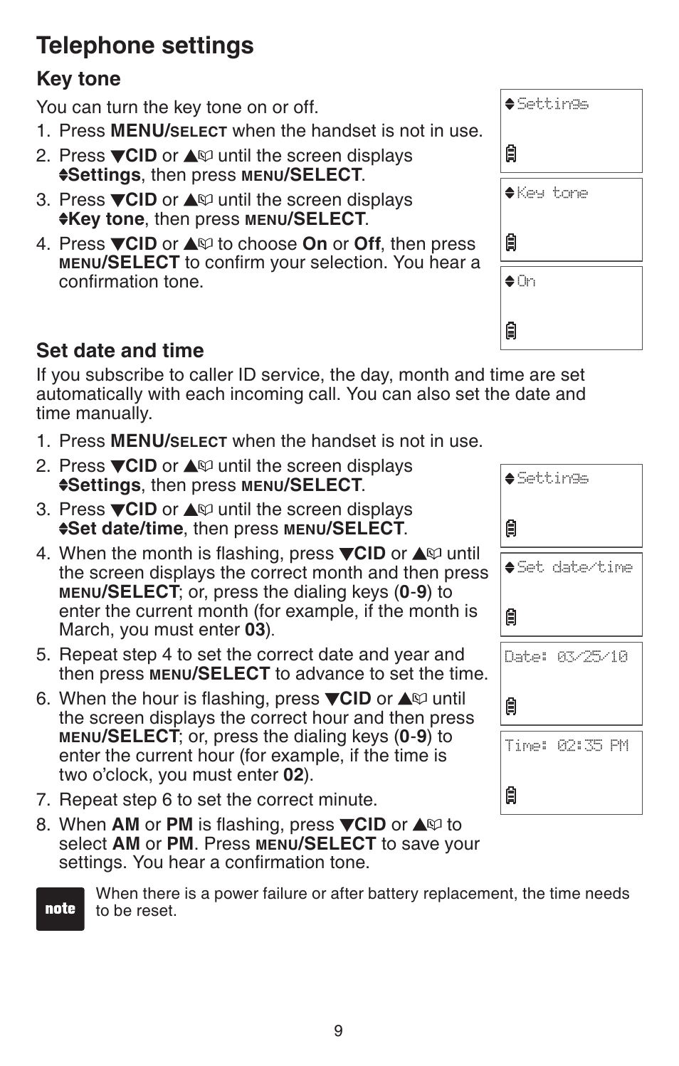 Key tone, Set date and time, Key tone set date and time | Telephone settings | VTech DECT 6.0 CS6114 User Manual | Page 12 / 43