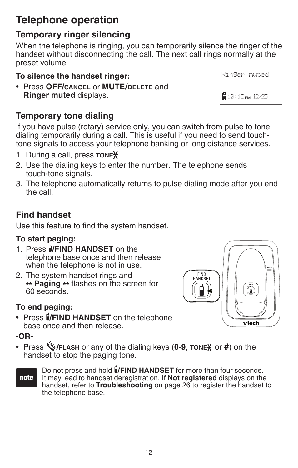 Temporary ringer silencing, Temporary tone dialing, Find handset | Telephone operation | VTech DECT 6.0 CS6114 User Manual | Page 15 / 43