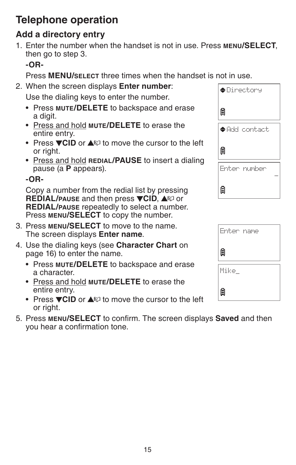 Add a directory entry, Telephone operation | VTech DECT 6.0 CS6114 User Manual | Page 18 / 43