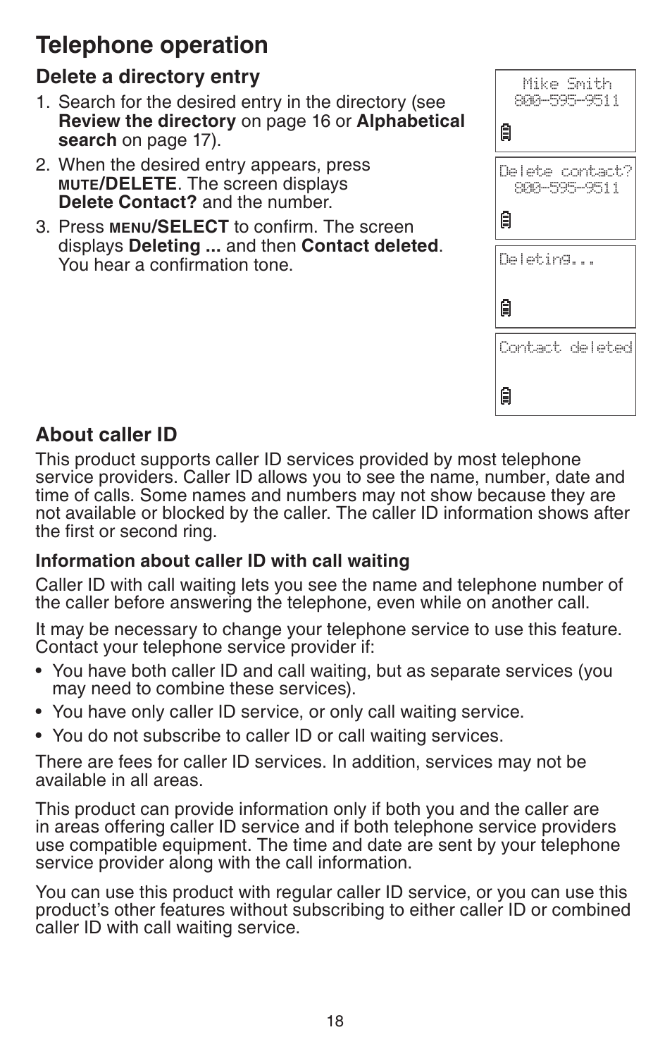 Delete a directory entry, About caller id, Delete a directory entry about caller id | Telephone operation | VTech DECT 6.0 CS6114 User Manual | Page 21 / 43