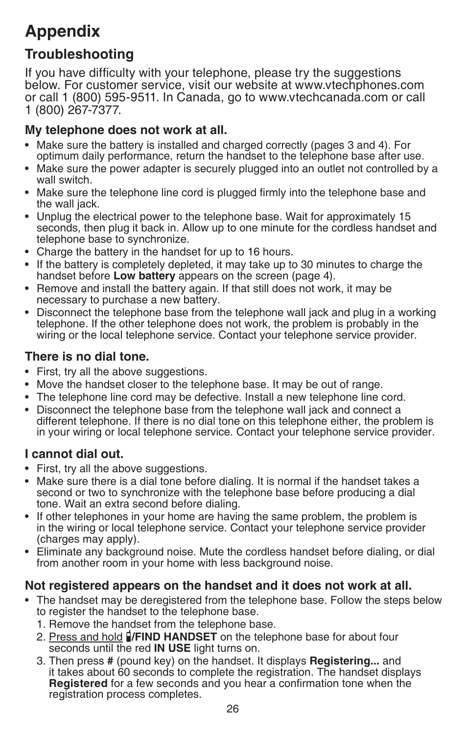 Troubleshooting, Appendix | VTech DECT 6.0 CS6114 User Manual | Page 29 / 43