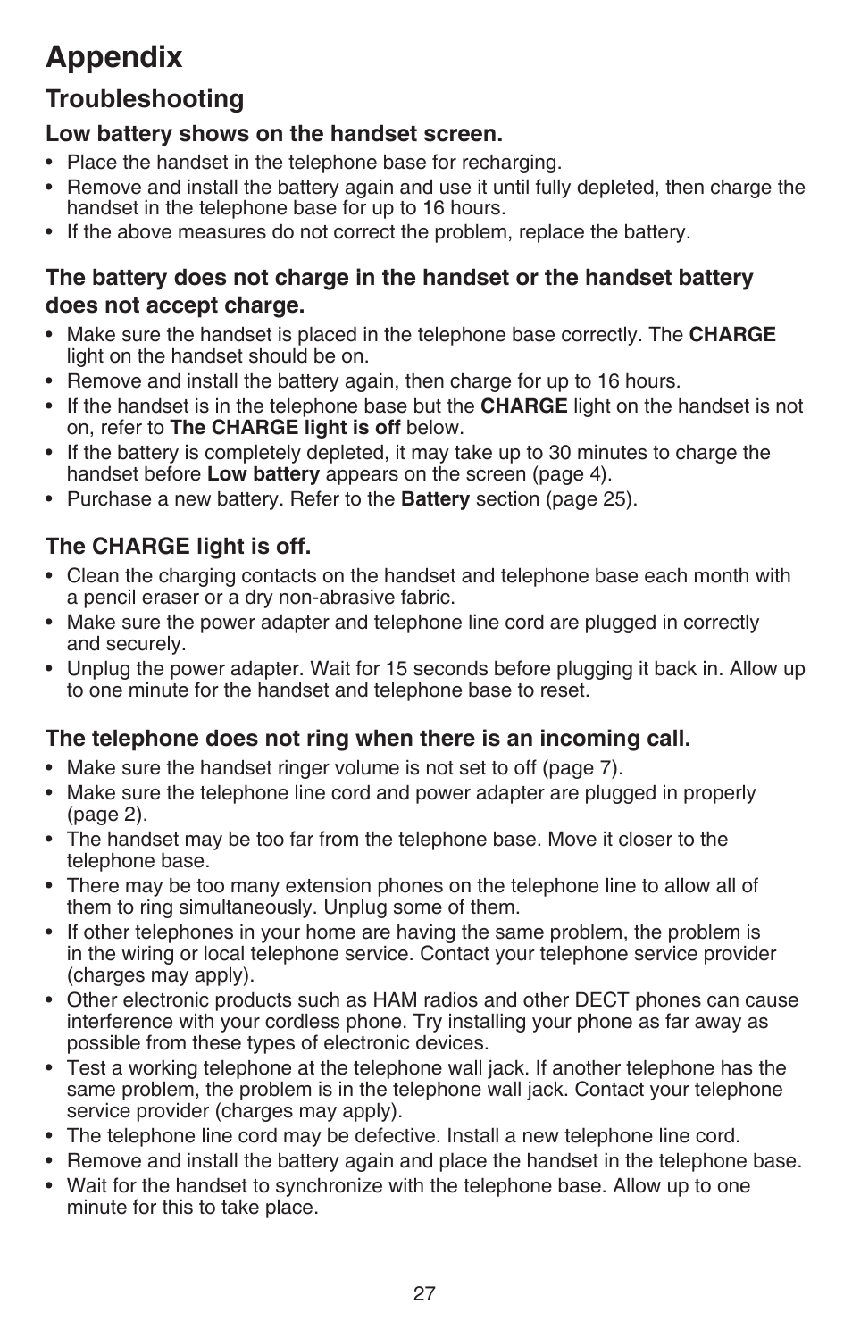 Appendix, Troubleshooting | VTech DECT 6.0 CS6114 User Manual | Page 30 / 43