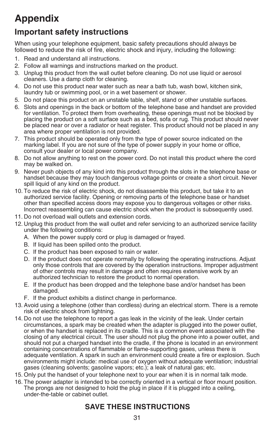 Important safety instructions, Appendix, Save these instructions | VTech DECT 6.0 CS6114 User Manual | Page 34 / 43