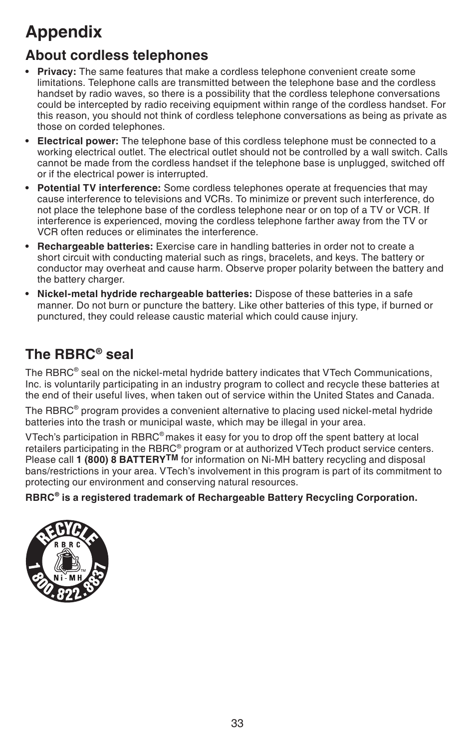 About cordless telephones, The rbrc® seal, About cordless telephones the rbrc | Seal, Appendix, The rbrc | VTech DECT 6.0 CS6114 User Manual | Page 36 / 43