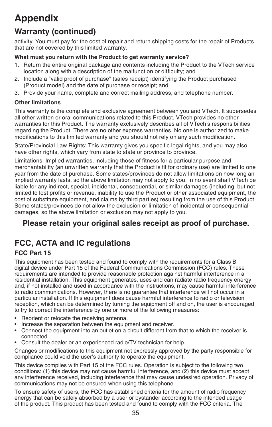 Fcc, acta and ic regulations, Appendix, Warranty (continued) | VTech DECT 6.0 CS6114 User Manual | Page 38 / 43