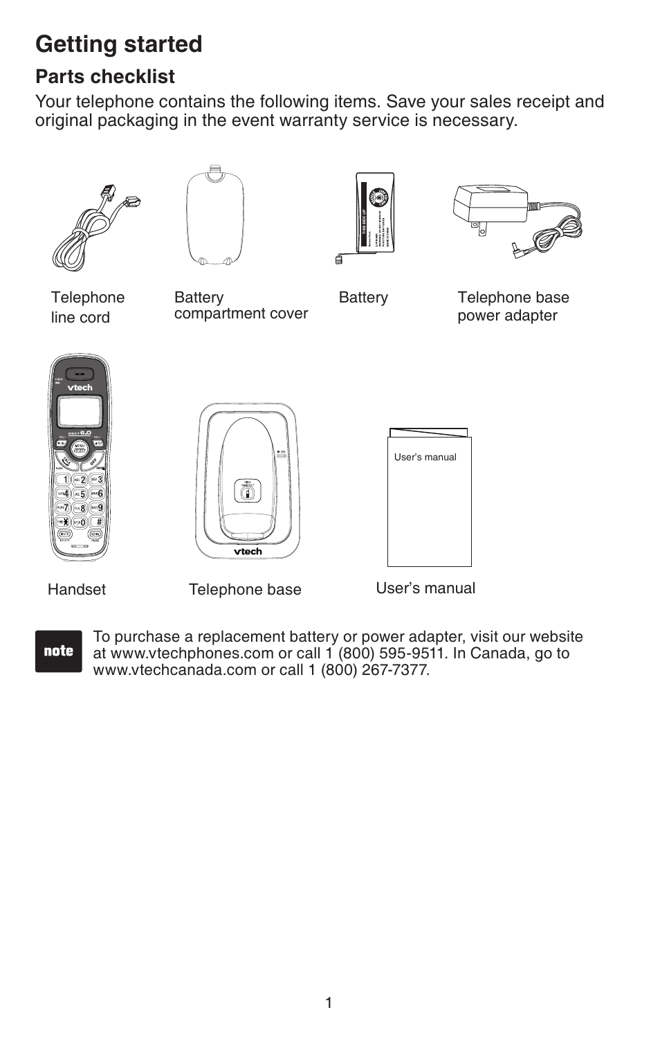 Getting started, Parts checklist | VTech DECT 6.0 CS6114 User Manual | Page 4 / 43