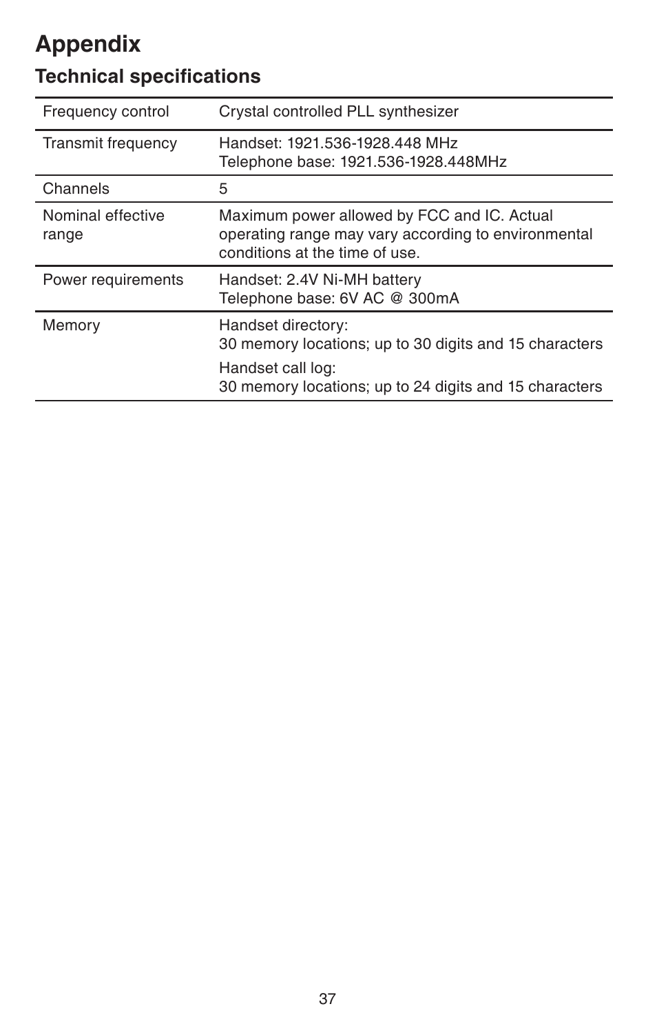 Technical specifications, Appendix | VTech DECT 6.0 CS6114 User Manual | Page 40 / 43