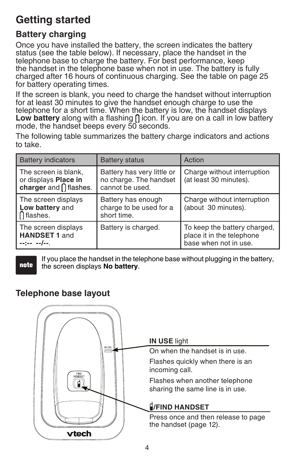 Battery charging, Telephone base layout, Battery charging telephone base layout | Getting started | VTech DECT 6.0 CS6114 User Manual | Page 7 / 43