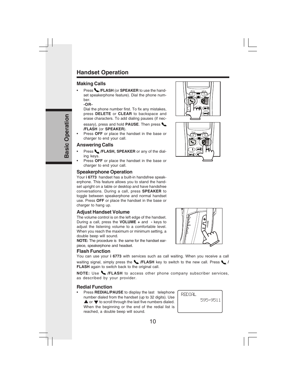 10 basic operation handset operation | VTech i 6773 User Manual | Page 13 / 45