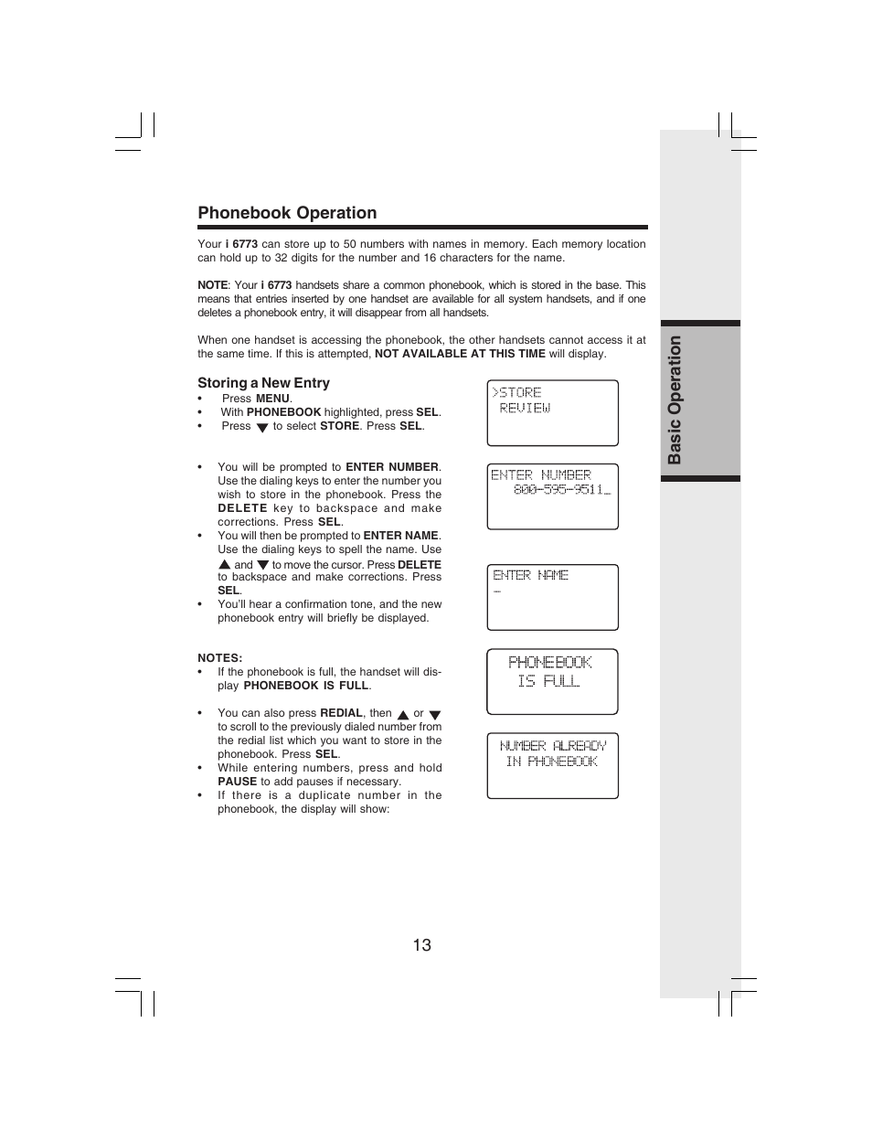 13 basic operation phonebook operation | VTech i 6773 User Manual | Page 16 / 45