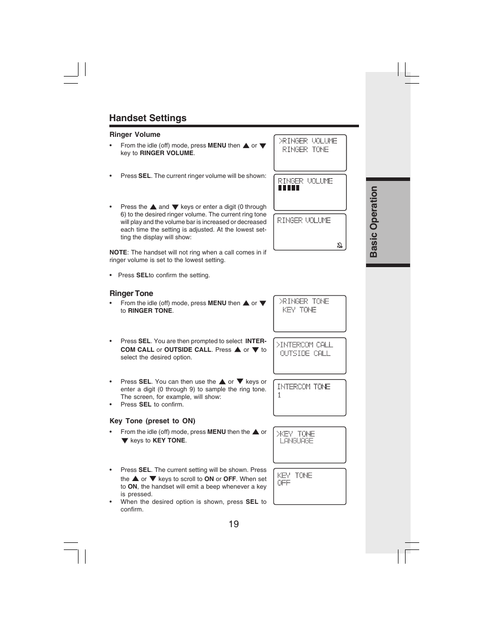 19 basic operation, Handset settings | VTech i 6773 User Manual | Page 22 / 45