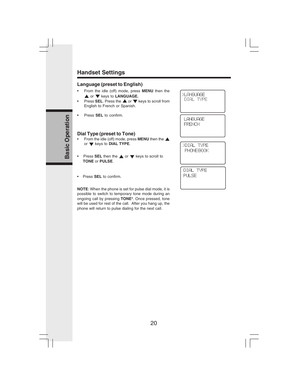 20 basic operation handset settings | VTech i 6773 User Manual | Page 23 / 45