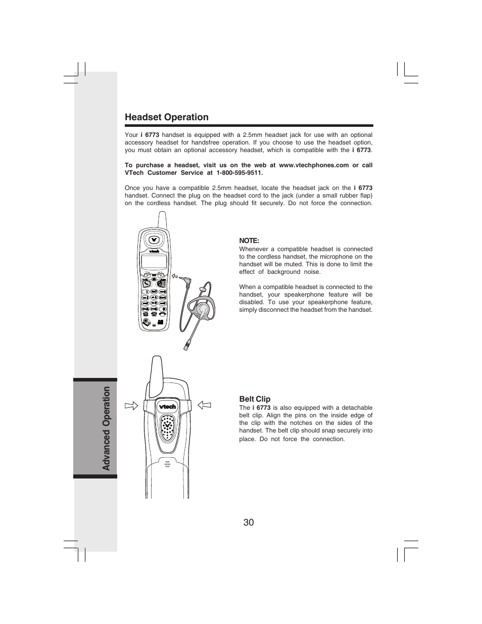 30 headset operation, Advanced operation | VTech i 6773 User Manual | Page 33 / 45