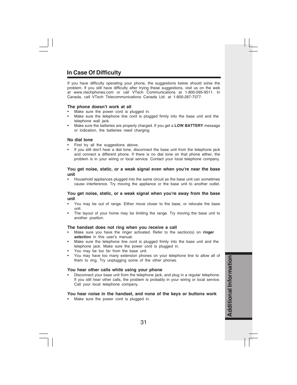 31 additional information in case of difficulty | VTech i 6773 User Manual | Page 34 / 45