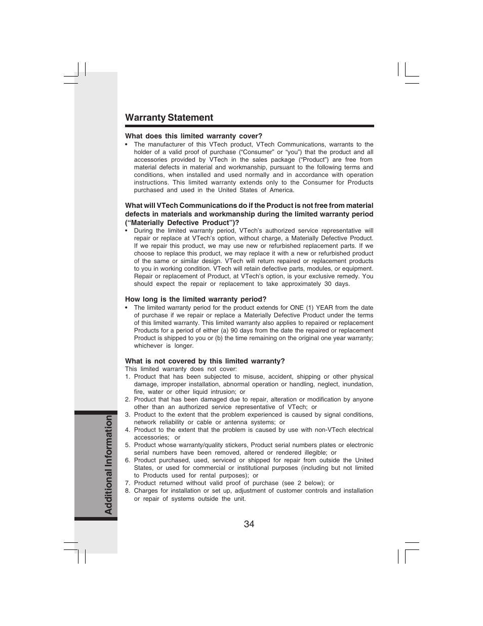 34 additional information warranty statement | VTech i 6773 User Manual | Page 37 / 45