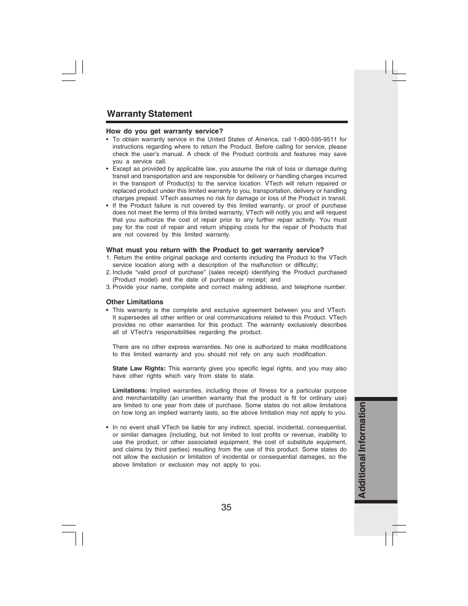 35 additional information warranty statement | VTech i 6773 User Manual | Page 38 / 45