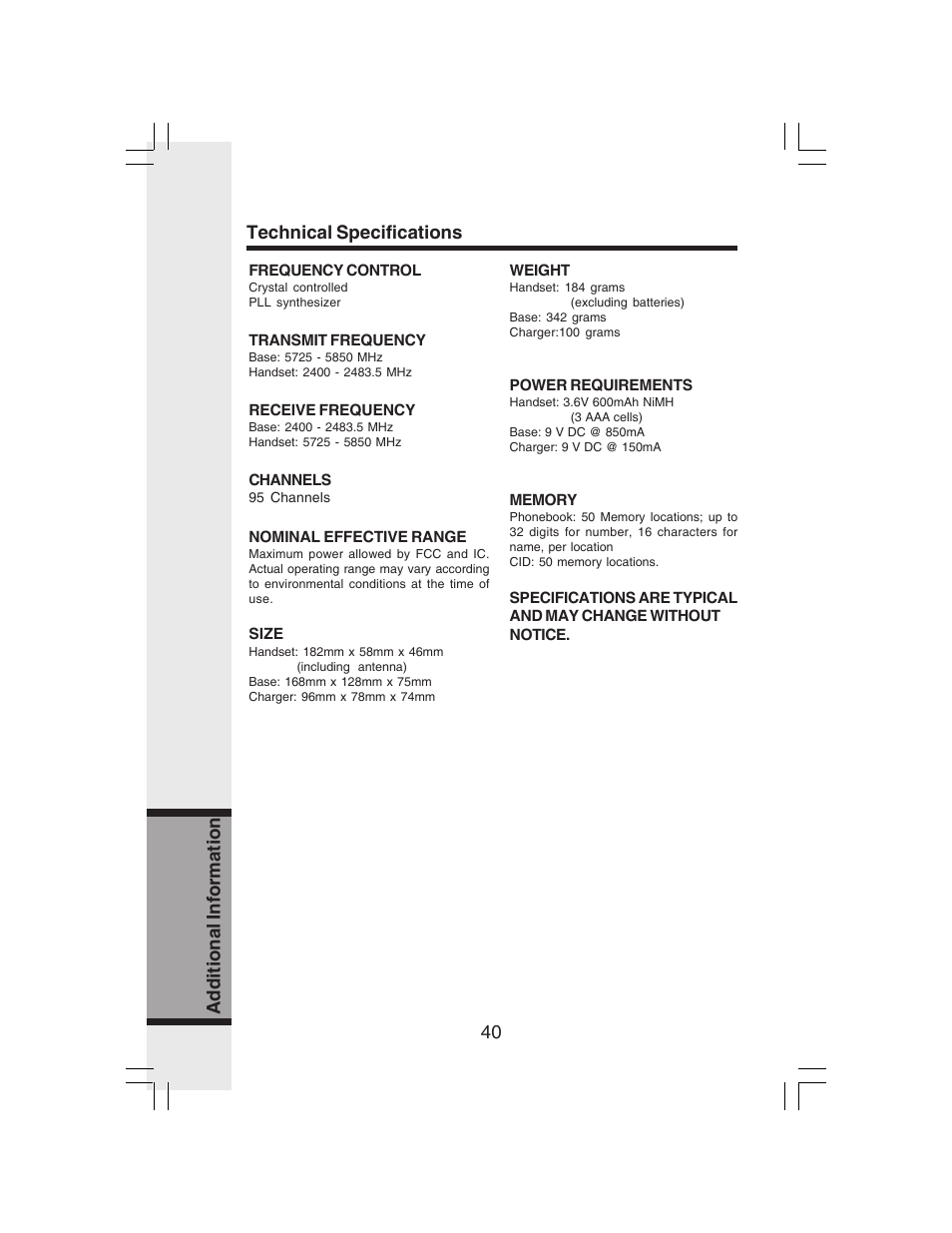 40 additional information, Technical specifications | VTech i 6773 User Manual | Page 43 / 45