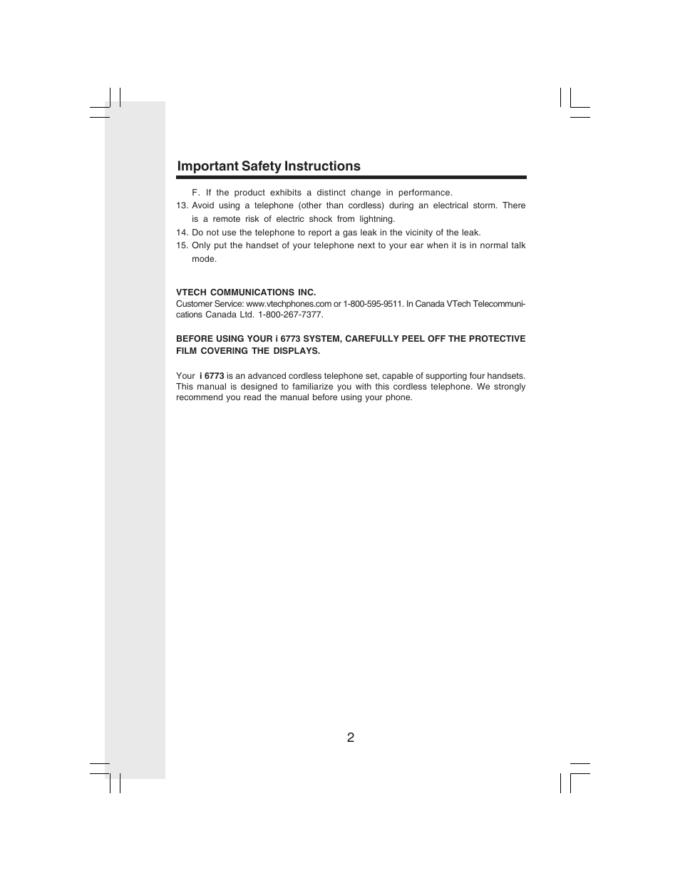 2important safety instructions | VTech i 6773 User Manual | Page 5 / 45