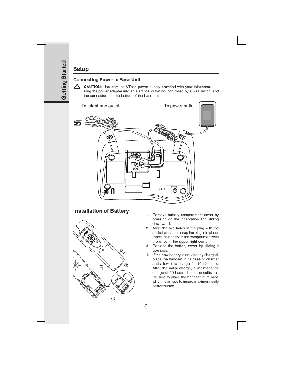 6getting started, Setup installation of battery | VTech i 6773 User Manual | Page 9 / 45