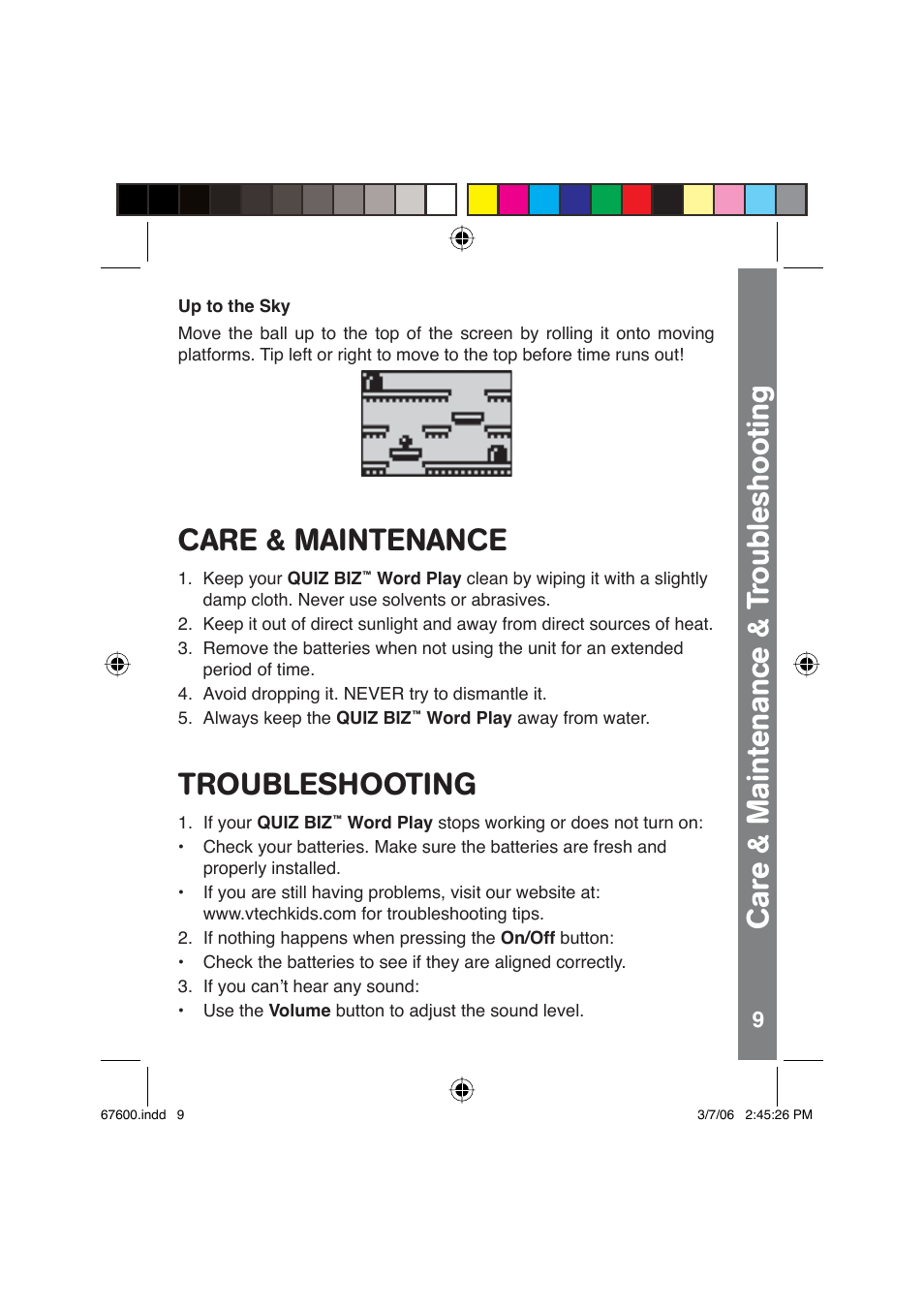 Car e & maintenance & t roubleshooting, Care & maintenance, Troubleshooting | VTech QUIZ BIZ User Manual | Page 10 / 12