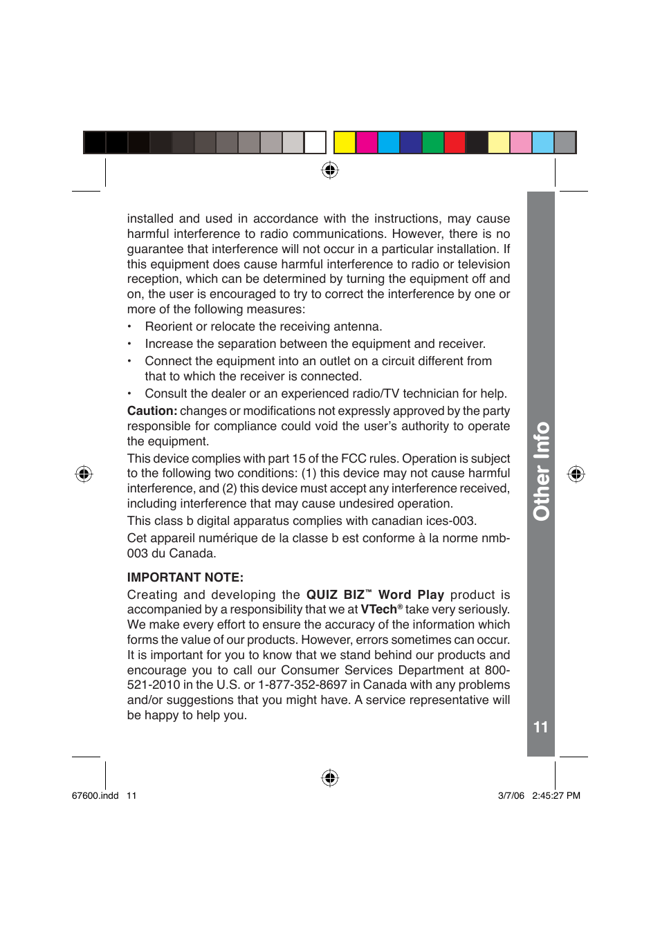 Other info | VTech QUIZ BIZ User Manual | Page 12 / 12