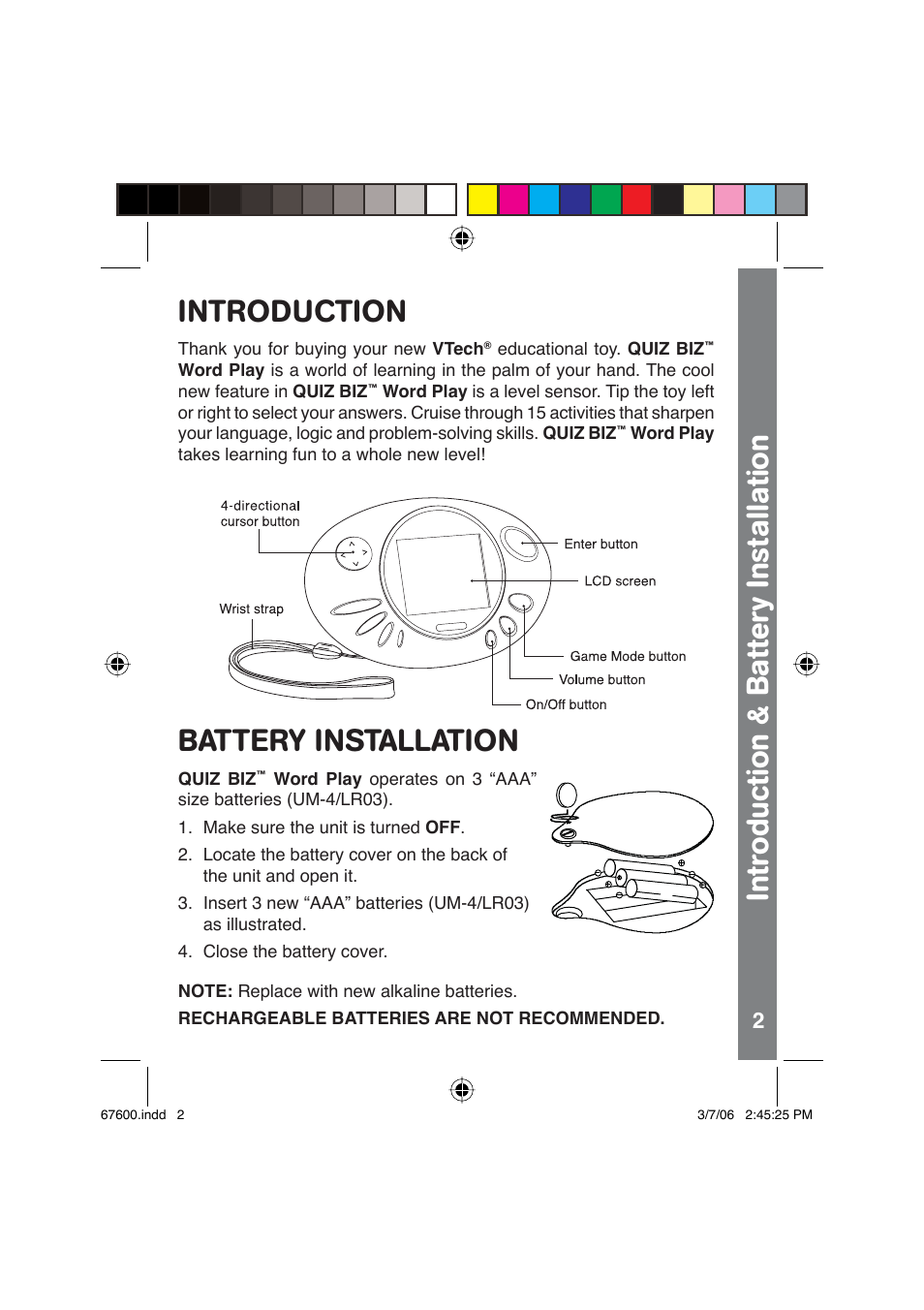 Battery installation | VTech QUIZ BIZ User Manual | Page 3 / 12