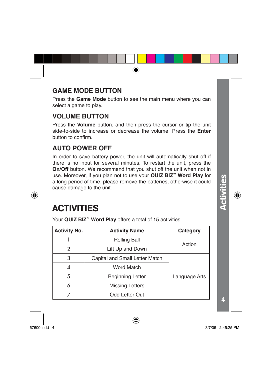 Activities, Game mode button, Volume button | Auto power off | VTech QUIZ BIZ User Manual | Page 5 / 12