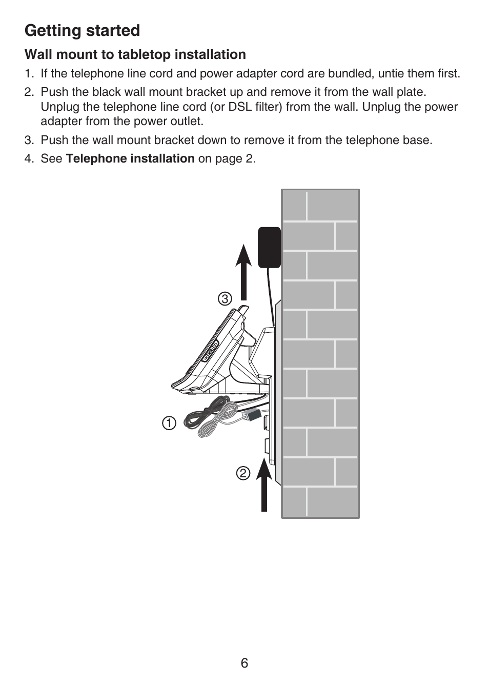 Wall mounting, Wall mount to tabletop installation, Getting started | VTech LS6426-3 User Manual | Page 10 / 82