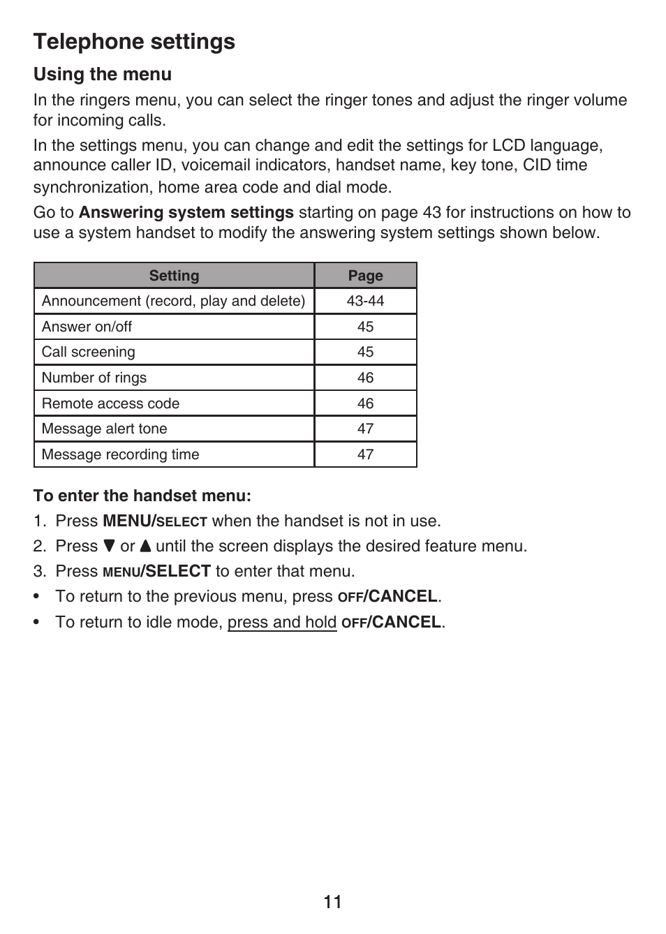 Telephone settings using the menu, Telephone settings, 11 using the menu | VTech LS6426-3 User Manual | Page 15 / 82